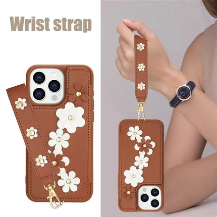 SY-001 For iPhone 16 Pro Max Case Card Slots Leather Coated TPU Flower Phone Cover