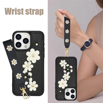 SY-001 For iPhone 16 Pro Case Card Slots Leather Coated TPU Flower Phone Cover