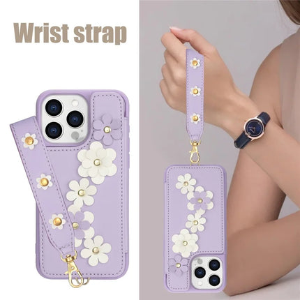 SY-001 For iPhone 16 Pro Case Card Slots Leather Coated TPU Flower Phone Cover