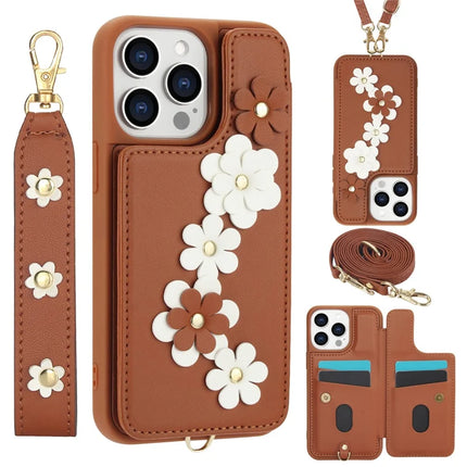 SY-001 For iPhone 16 Pro Case Card Slots Leather Coated TPU Flower Phone Cover - Brown