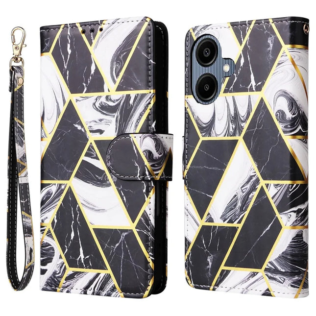 For Samsung Galaxy A06 Case Lacquered Marble Pattern Leather Phone Cover - Black