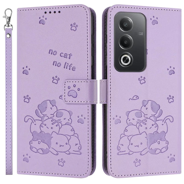 Leather Case for Oppo A80 5G / K12x 5G (India) / A3 Pro (Global) 5G / A3 Pro (India) 5G Cats Imprint Leather Wallet Phone Cover with Strap - Purple