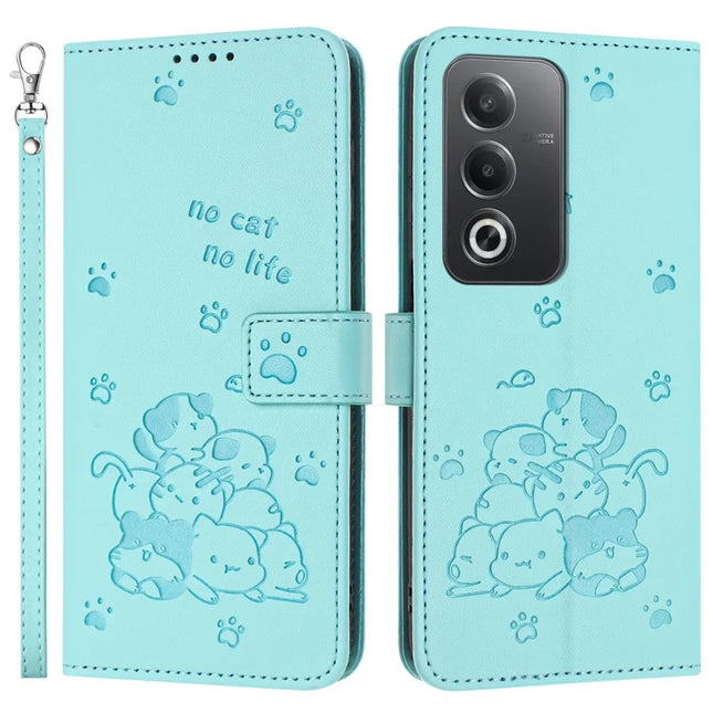 Leather Case for Oppo A80 5G / K12x 5G (India) / A3 Pro (Global) 5G / A3 Pro (India) 5G Cats Imprint Leather Wallet Phone Cover with Strap - Green