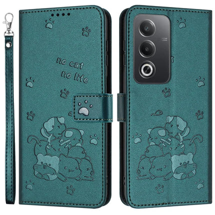 Leather Case for Oppo A80 5G / K12x 5G (India) / A3 Pro (Global) 5G / A3 Pro (India) 5G Cats Imprint Leather Wallet Phone Cover with Strap - Blackish Green