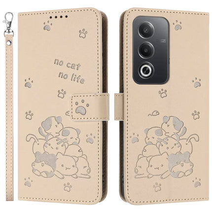 Leather Case for Oppo A80 5G / K12x 5G (India) / A3 Pro (Global) 5G / A3 Pro (India) 5G Cats Imprint Leather Wallet Phone Cover with Strap - Beige