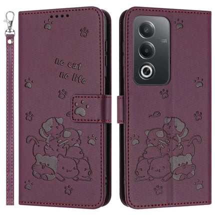 Leather Case for Oppo A80 5G / K12x 5G (India) / A3 Pro (Global) 5G / A3 Pro (India) 5G Cats Imprint Leather Wallet Phone Cover with Strap - Wine Red
