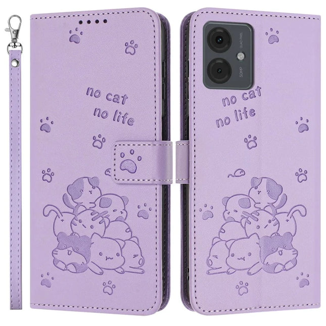 Leather Case for Motorola Moto E14 4G / G04s 4G / G04 4G / G24 4G Cats Imprint Leather Wallet Phone Cover with Strap - Purple