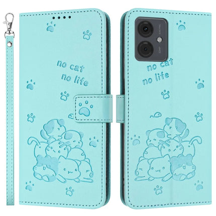 Leather Case for Motorola Moto E14 4G / G04s 4G / G04 4G / G24 4G Cats Imprint Leather Wallet Phone Cover with Strap - Green