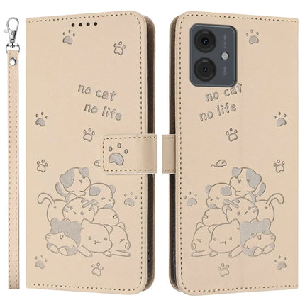 Leather Case for Motorola Moto E14 4G / G04s 4G / G04 4G / G24 4G Cats Imprint Leather Wallet Phone Cover with Strap - Beige