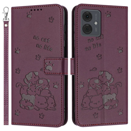 Leather Case for Motorola Moto E14 4G / G04s 4G / G04 4G / G24 4G Cats Imprint Leather Wallet Phone Cover with Strap - Wine Red
