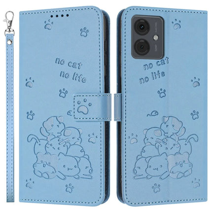 Leather Case for Motorola Moto E14 4G / G04s 4G / G04 4G / G24 4G Cats Imprint Leather Wallet Phone Cover with Strap - Blue