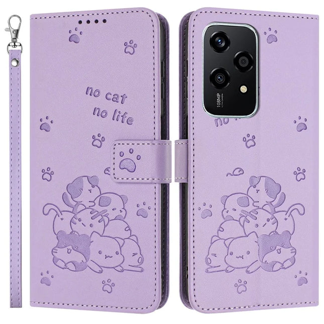 For Honor 200 Lite Case with Strap Cats Imprint Leather Wallet Phone Cover - Purple