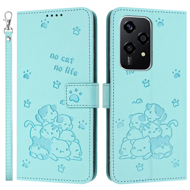 For Honor 200 Lite Case with Strap Cats Imprint Leather Wallet Phone Cover - Green