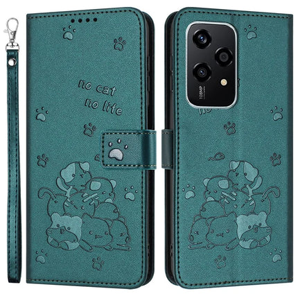 For Honor 200 Lite Case with Strap Cats Imprint Leather Wallet Phone Cover - Blackish Green