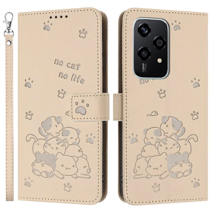 For Honor 200 Lite Case with Strap Cats Imprint Leather Wallet Phone Cover - Beige