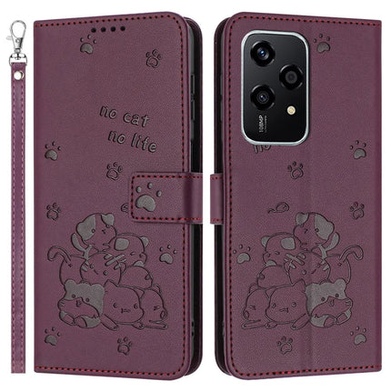 For Honor 200 Lite Case with Strap Cats Imprint Leather Wallet Phone Cover - Wine Red