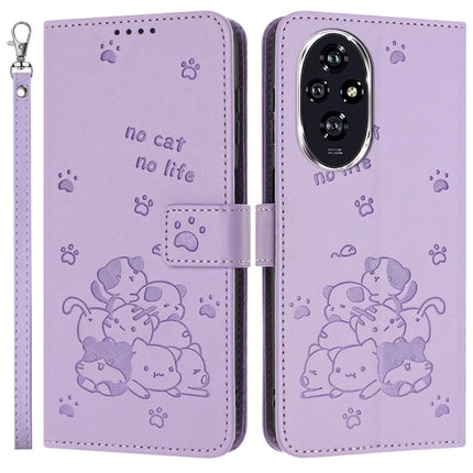 For Honor 200 5G Case with Strap Cats Imprint Leather Wallet Phone Cover - Purple