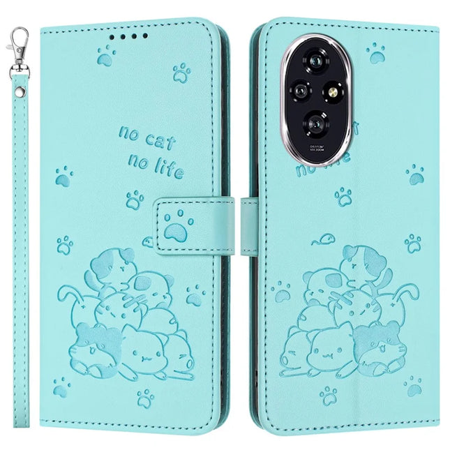For Honor 200 5G Case with Strap Cats Imprint Leather Wallet Phone Cover - Green
