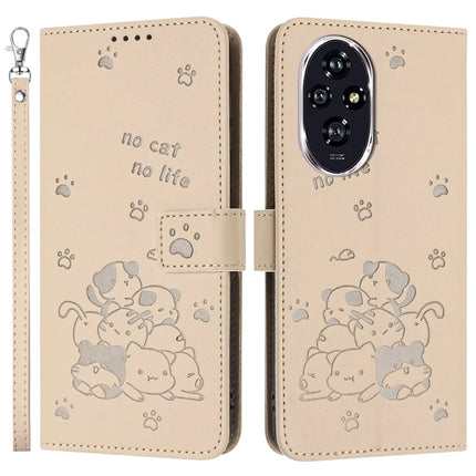 For Honor 200 5G Case with Strap Cats Imprint Leather Wallet Phone Cover - Beige