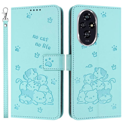 For Honor 200 Pro 5G Case with Strap Cats Imprint Leather Wallet Phone Cover - Green