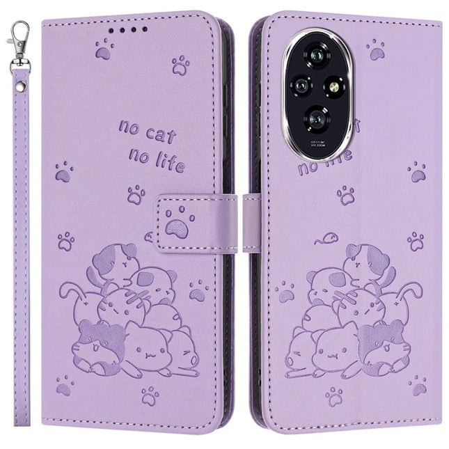 For Honor 200 Pro 5G Case with Strap Cats Imprint Leather Wallet Phone Cover - Purple