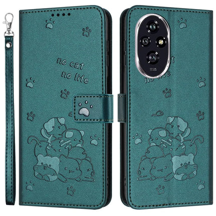 For Honor 200 Pro 5G Case with Strap Cats Imprint Leather Wallet Phone Cover - Blackish Green