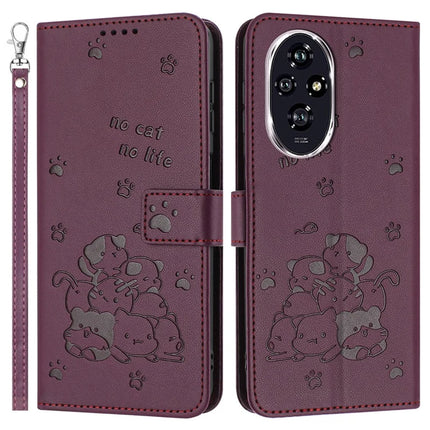 For Honor 200 Pro 5G Case with Strap Cats Imprint Leather Wallet Phone Cover - Wine Red