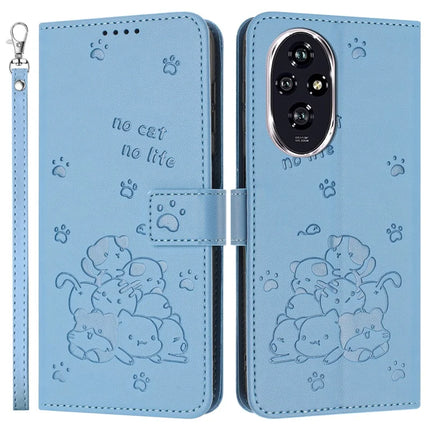 For Honor 200 Pro 5G Case with Strap Cats Imprint Leather Wallet Phone Cover - Blue