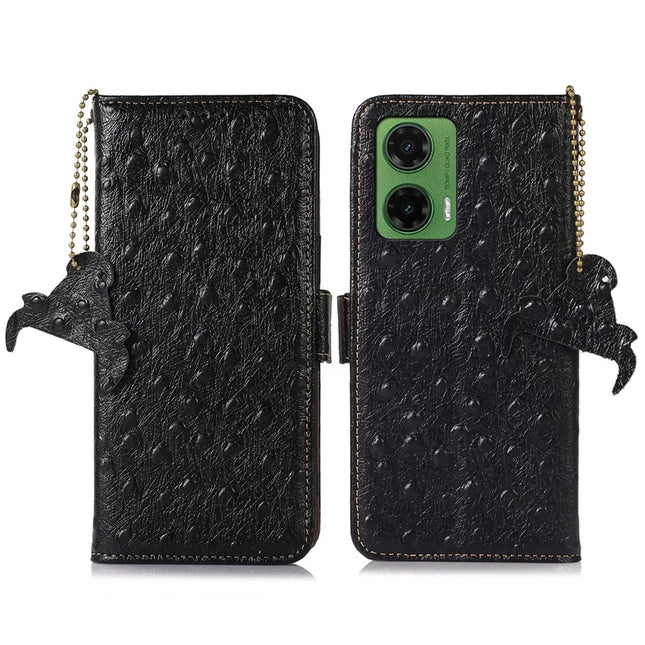 For Motorola Moto G35 5G Case RFID Blocking Genuine Cow Leather Phone Case Ostrich Texture - Black