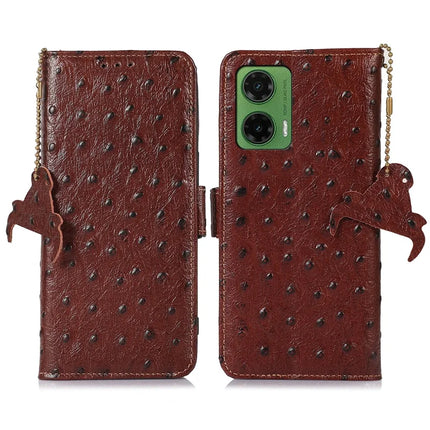For Motorola Moto G35 5G Case RFID Blocking Genuine Cow Leather Phone Case Ostrich Texture - Coffee