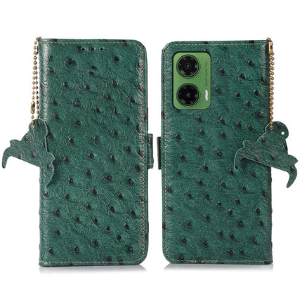For Motorola Moto G35 5G Case RFID Blocking Genuine Cow Leather Phone Case Ostrich Texture - Green