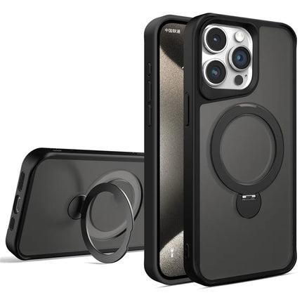 For iPhone 16 Pro Max Case Compatible with MagSafe PC+TPU Ring Kickstand Cell Phone Cover - Black
