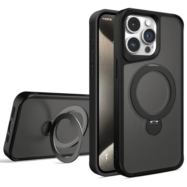 For iPhone 16 Pro Max Case Compatible with MagSafe PC+TPU Ring Kickstand Cell Phone Cover - Black