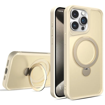 For iPhone 16 Pro Max Case Compatible with MagSafe PC+TPU Ring Kickstand Cell Phone Cover - White