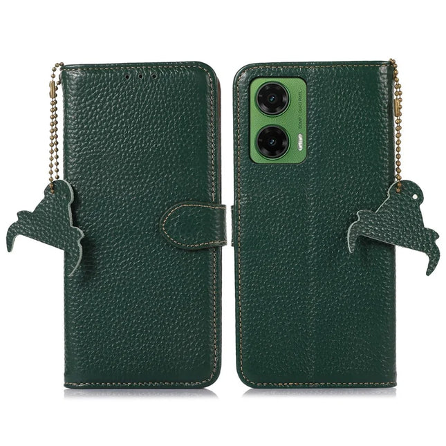 For Motorola Moto G35 5G Case RFID Blocking Litchi Texture Genuine Cow Leather Phone Cover - Green