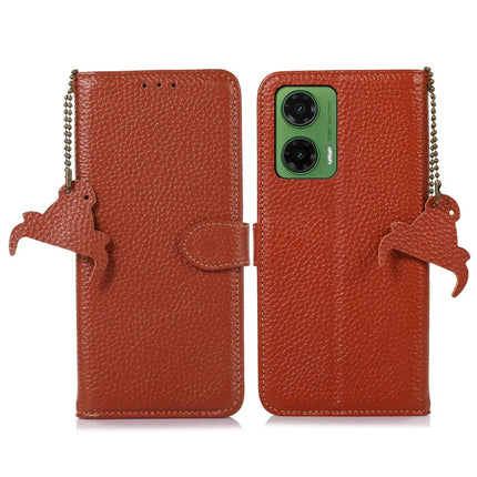 For Motorola Moto G35 5G Case RFID Blocking Litchi Texture Genuine Cow Leather Phone Cover - Brown