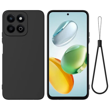 For Honor X7c 4G / 200 Smart 5G Case Liquid Silicone Anti-Scratch Phone Cover with Hand Strap - Black