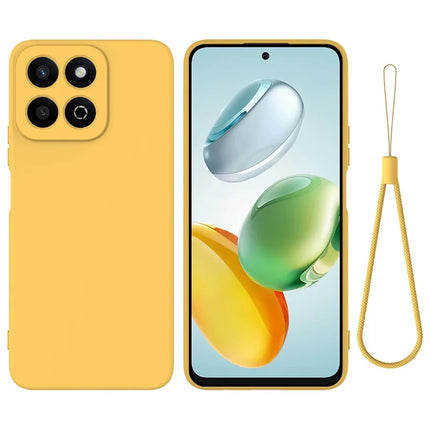 For Honor X7c 4G / 200 Smart 5G Case Liquid Silicone Anti-Scratch Phone Cover with Hand Strap - Yellow