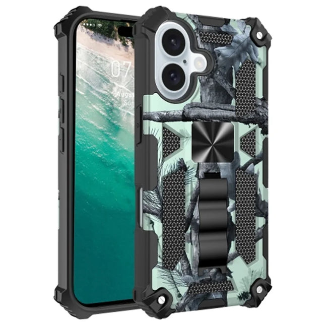 For iPhone 16 Plus Case Kickstand Camouflage Anti-Drop TPU+PC Phone Cover - Light Green