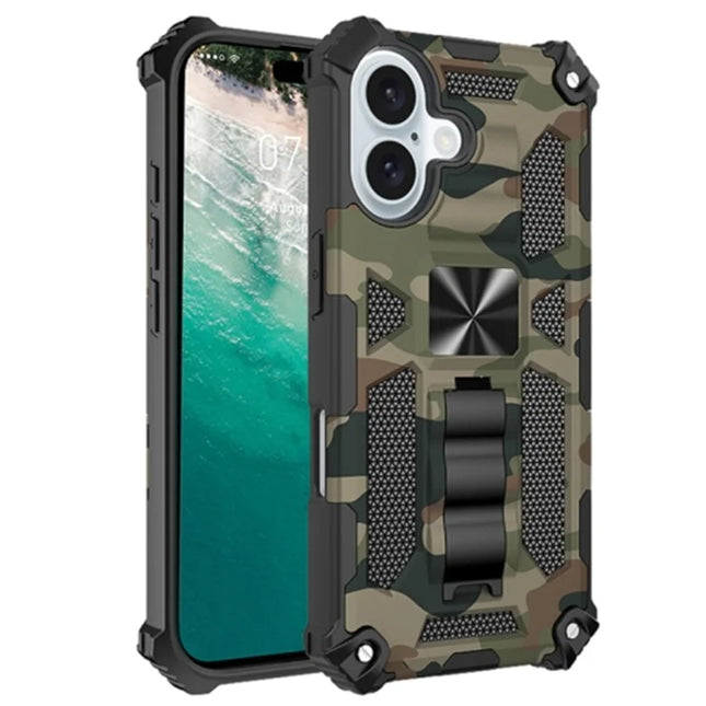 For iPhone 16 Plus Case Kickstand Camouflage Anti-Drop TPU+PC Phone Cover - Army Green