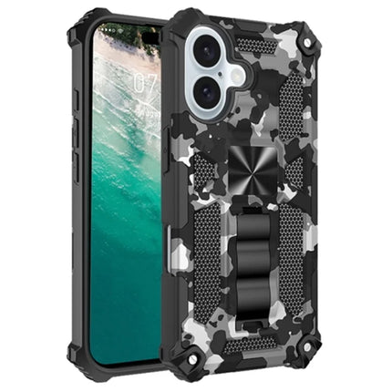 For iPhone 16 Plus Case Kickstand Camouflage Anti-Drop TPU+PC Phone Cover - Black  /  White