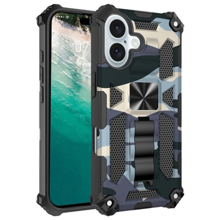 For iPhone 16 Plus Case Kickstand Camouflage Anti-Drop TPU+PC Phone Cover - Navy Blue