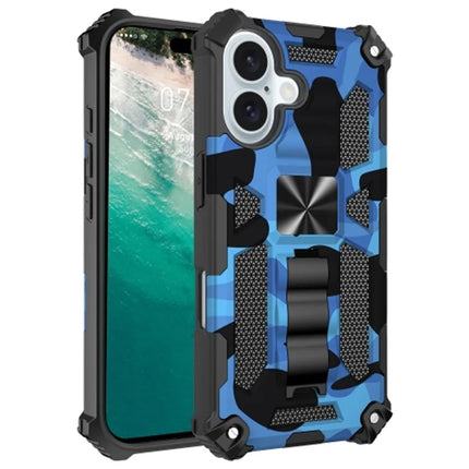 For iPhone 16 Plus Case Kickstand Camouflage Anti-Drop TPU+PC Phone Cover - Blue