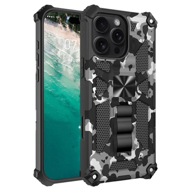 For iPhone 16 Pro Max Case Kickstand Camouflage Anti-Drop TPU+PC Phone Cover - Black  /  White