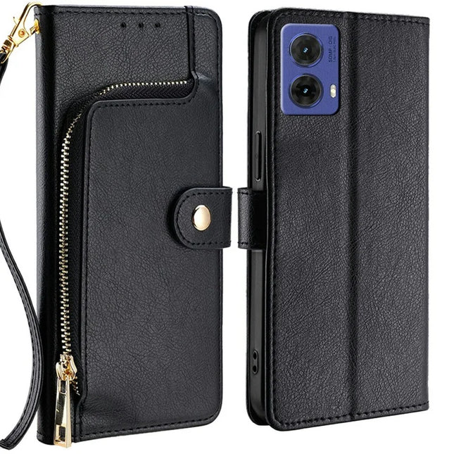 For Motorola Moto G85 5G / S50 Neo 5G Case Zipper Pocket PU Leather Wallet Flip Phone Cover - Black