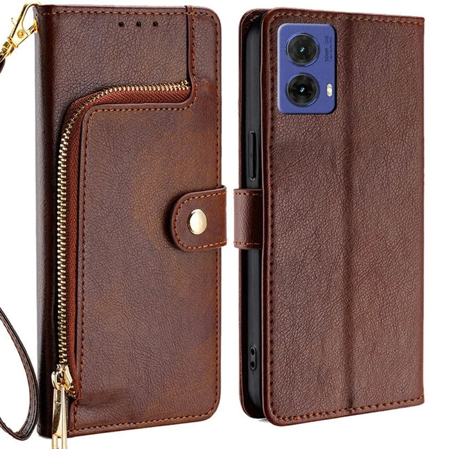 For Motorola Moto G85 5G / S50 Neo 5G Case Zipper Pocket PU Leather Wallet Flip Phone Cover - Brown