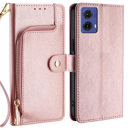 For Motorola Moto G85 5G / S50 Neo 5G Case Zipper Pocket PU Leather Wallet Flip Phone Cover - Rose Gold