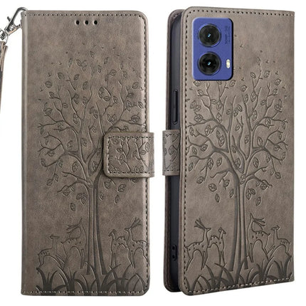 For Motorola Moto G85 5G / S50 Neo 5G Case PU Leather Wallet Phone Cover Tree Deer Imprinted - Grey