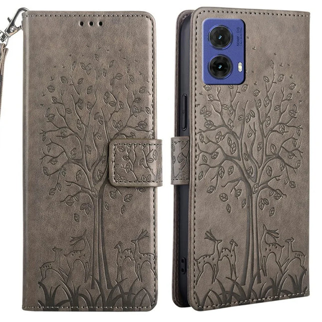 For Motorola Moto G85 5G / S50 Neo 5G Case PU Leather Wallet Phone Cover Tree Deer Imprinted - Grey