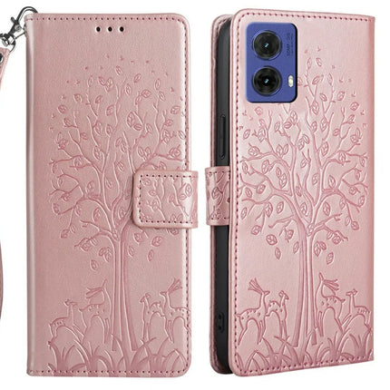 For Motorola Moto G85 5G / S50 Neo 5G Case PU Leather Wallet Phone Cover Tree Deer Imprinted - Rose Gold